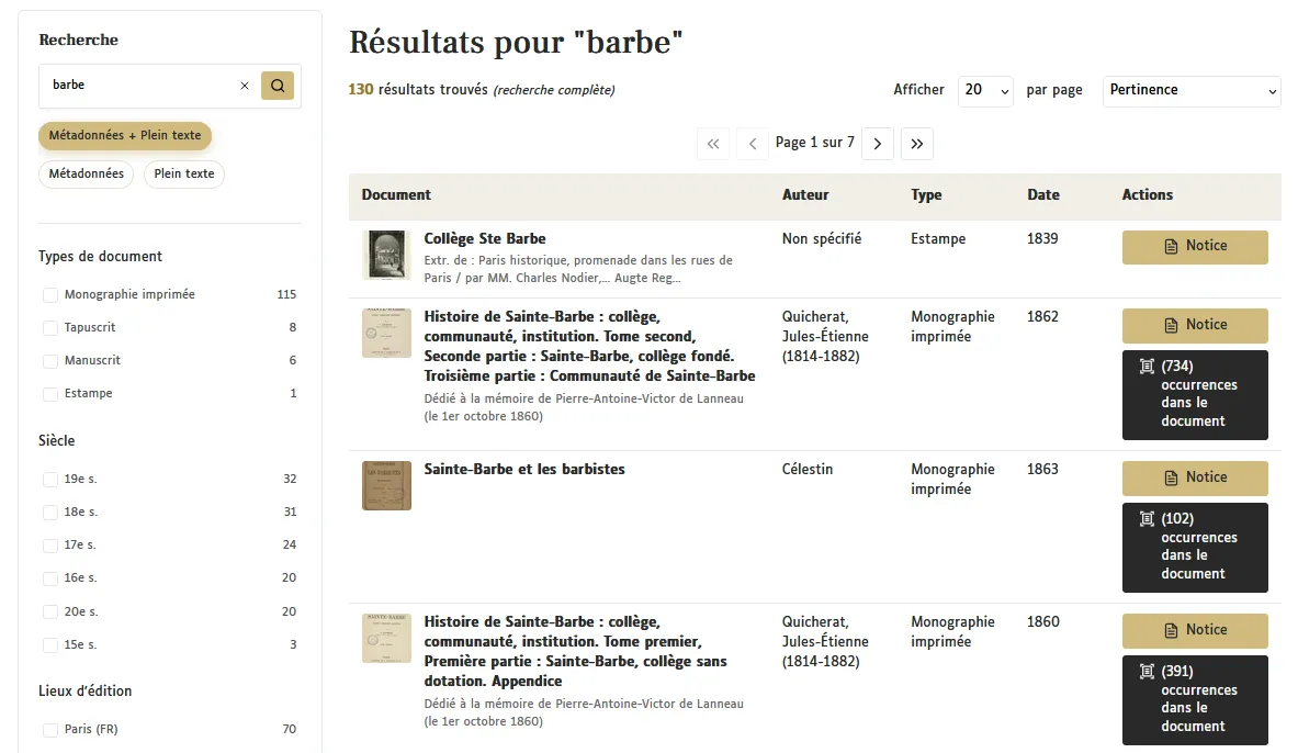 Page de résultat de recherche présentant au centre une liste de résultats avec pour chaque document une vignette, un titre, un nom d'auteur, un typ, une date et des boutons d'actions ouvrant la notice ou les occurrences du mot-clé recherché dans le texte. Sur la gauche de l'image, une colonne affiche la barre de recherche et des filtres de recherche.