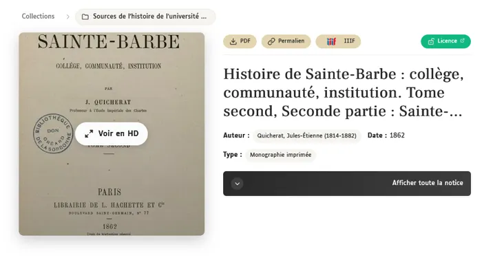 Notice de document présentant à gauche une vignette de la page de titre du document ; à droite le titre du document en gras et en dessous le nom de l'auteur, la date et le type de document.