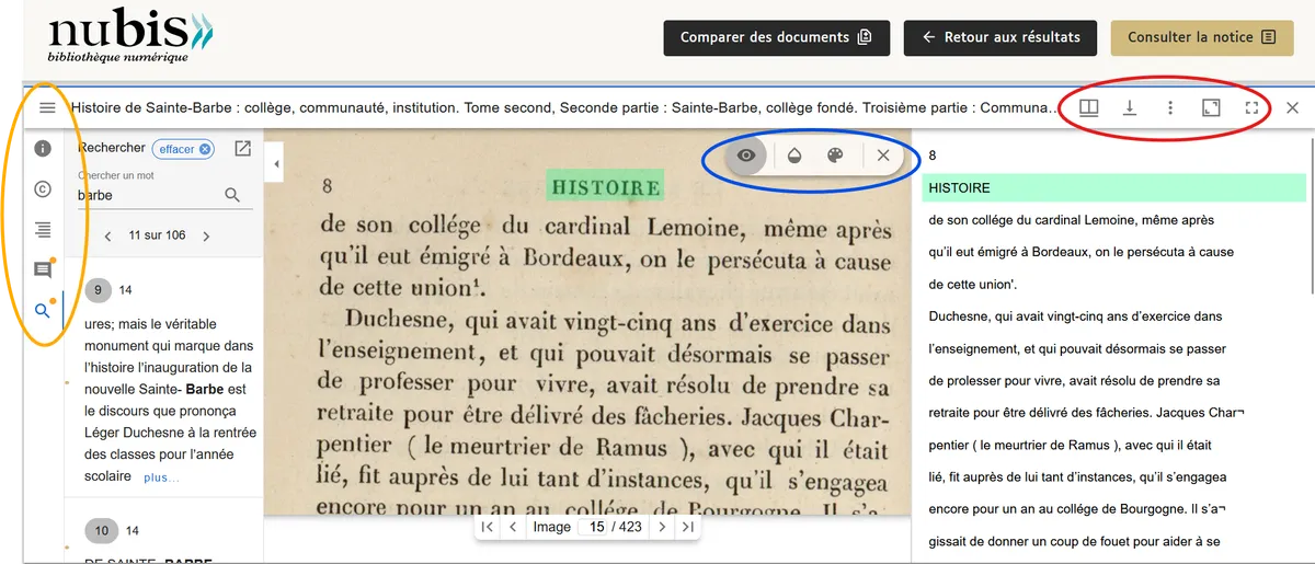 Visionneuse présentant une page de document, à droite le texte transcrit du document et à gauche les occurrences d'une recherche.