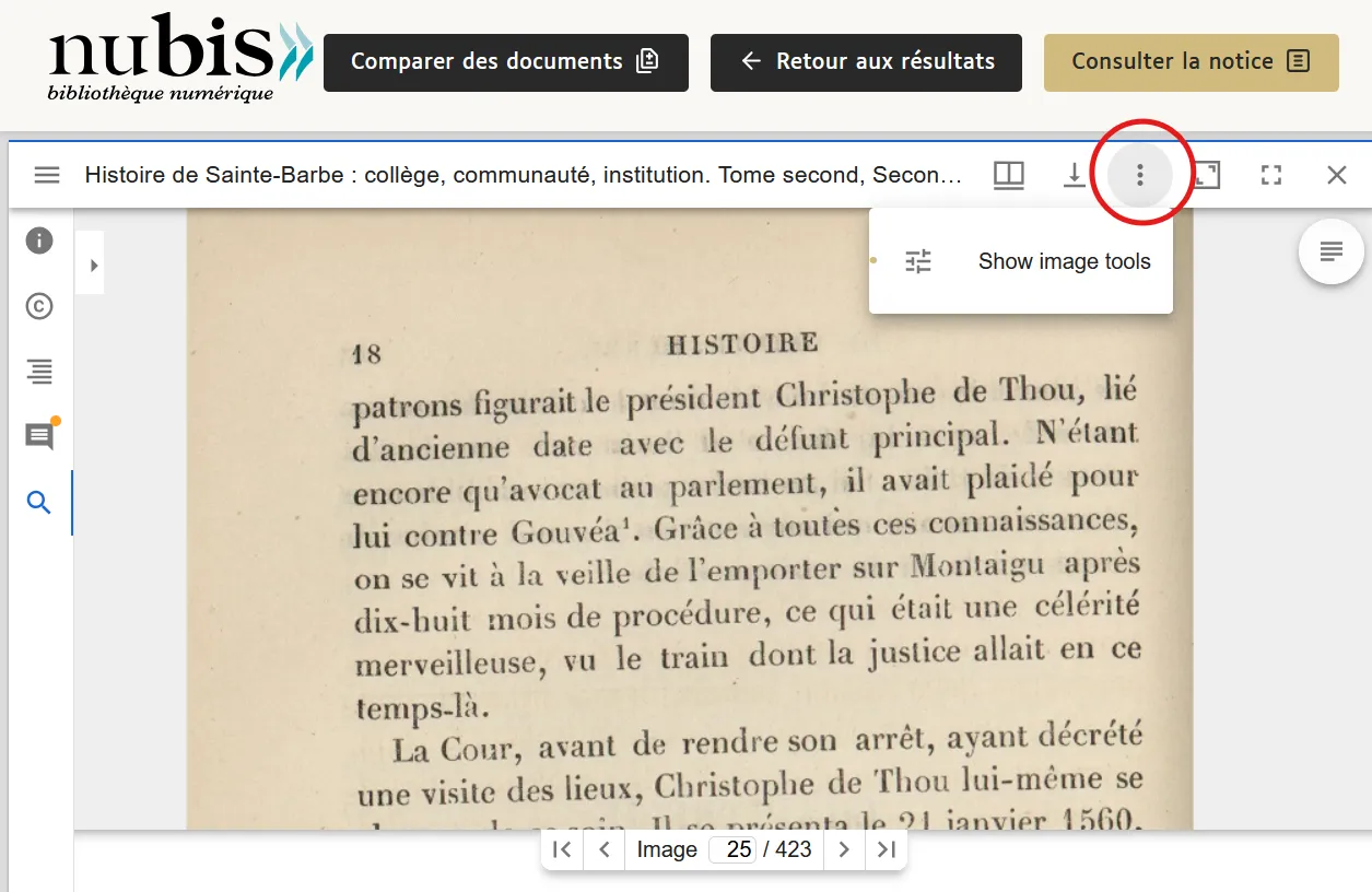Visionneuse de document, avec les options d'outils de retouche d'images ouvertes, sur la barre du haut à droite.