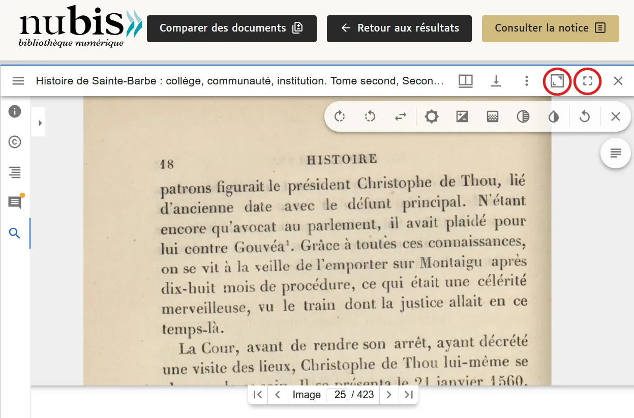 Visionneuse de document, avec les deux icônes de plein écran entourées en rouge, en haut à droite.