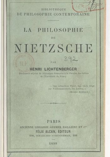 Page de titre de l'ouvrage 'La Philosophie de Nietzsche' par Henri Lichtenberger, publié en 1898