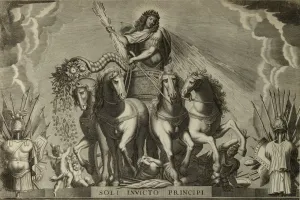 Estampe représentant Louis XIV sur un quadrige au sommet d'un arc de triomphe, terrassant les ennemis de la France, vers 1684
