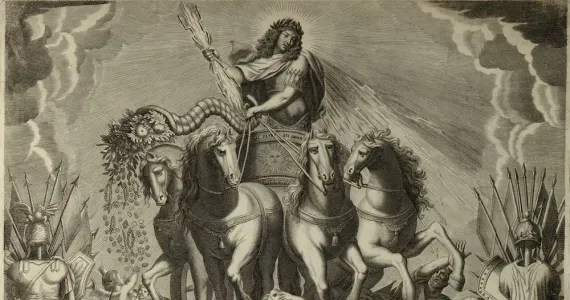 Estampe représentant Louis XIV sur un quadrige au sommet d'un arc de triomphe, terrassant les ennemis de la France, vers 1684