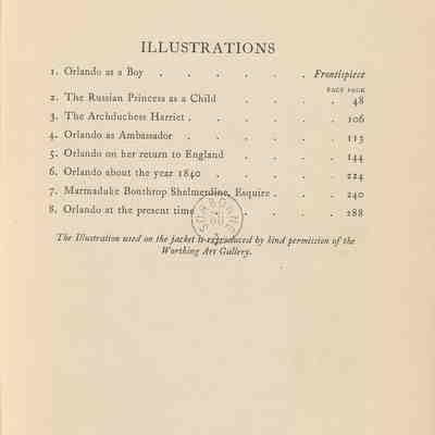 Table des illustrations du roman. 8 illustrations sont listées avec leur titre en face de leur numéro de page. Orlando as a Boy est en frontispice, The Russian Princess as Child est page 48, The Archiduchess Harriet est page 106, Orlando as Ambassador est page 113, Orlando on her return to England est page 144, Orlando about the year 1840 est page 224, Marmaduke Bonthrope Shermedine, Esquire est page 240, Orlando at the present time est page 288.