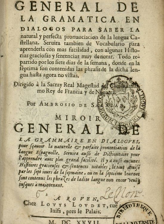 Page de titre de la réédition de 1627 du Miroir général d'Ambrosio de Salazar