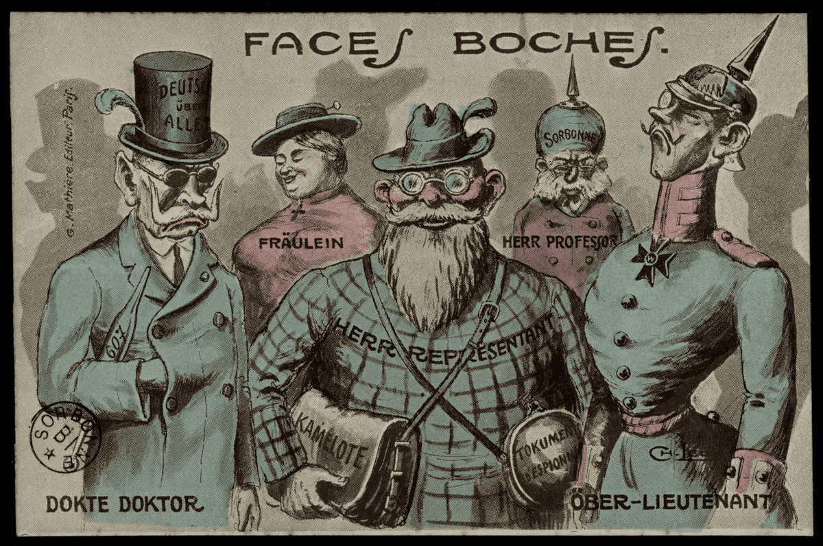 Carte postale caricaturale présentant cinq personnages allemands stéréotypés, étiquetés « Dokte Doktor », « Fräulein », « Herr Representant », « Herr Professor » et « Ober-Lieutenant ». Estampille de la bibliothèque de la Sorbonne.
