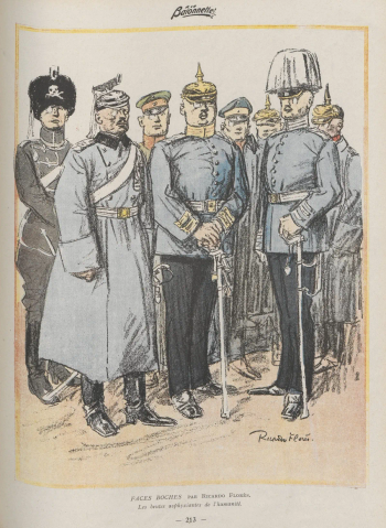 Page de La Baïonnette : un groupe d'officiers allemands en uniformes variés, au port rigide, dessinés en caricature. Signature de l'artiste et légende imprimée en bas de page.