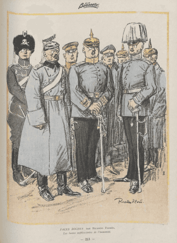Page de La Baïonnette : un groupe d'officiers allemands en uniformes variés, au port rigide, dessinés en caricature. Signature de l'artiste et légende imprimée en bas de page.