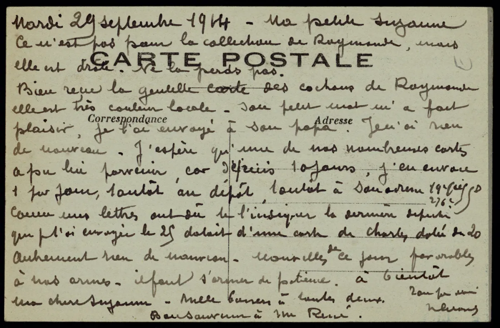 Verso de carte postale : texte manuscrit dense en écriture cursive à l'encre noire, daté du 29 septembre 1914, recouvrant les zones imprimées « Correspondance » et « Adresse ».