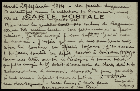 Verso de carte postale : texte manuscrit dense en écriture cursive à l'encre noire, daté du 29 septembre 1914, recouvrant les zones imprimées « Correspondance » et « Adresse ».