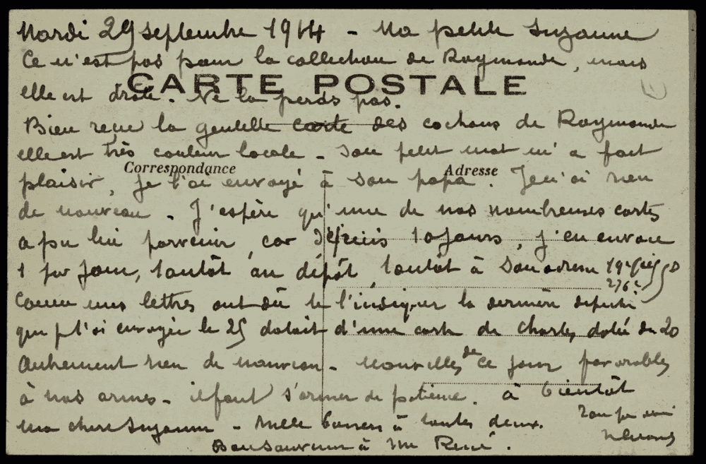 Verso de carte postale : texte manuscrit dense en écriture cursive à l'encre noire, daté du 29 septembre 1914, recouvrant les zones imprimées « Correspondance » et « Adresse ».