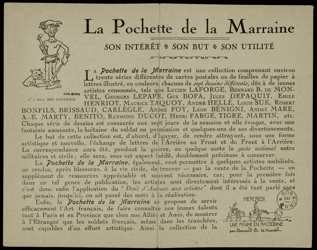 Fascicule imprimé présentant La Pochette de la Marraine : titre en grandes capitales, texte justifié à l'encre noire, représentation d'un personnage nommé 'l'As des cavernes' en haut à gauche et représentation intitulée 'Mercredi - une panne en Macédoine' montrant deux hommes à cheval tirés par un homme à pied en bas à droite.