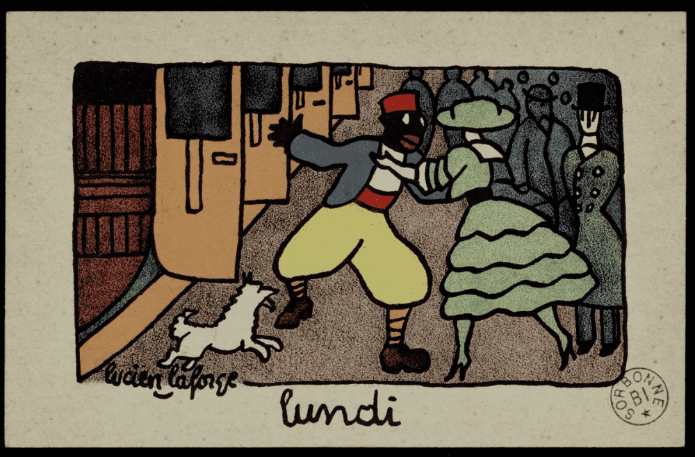 Lundi, Lucien Laforge : tirailleur en veste bleue, pantalon jaune et chéchia rouge retrouvant une élégante en robe verte à volants et grand chapeau à plumes à la sortie du train, petit chien blanc bondissant à leurs pieds, foule de voyageurs sur le quai en arrière-plan.