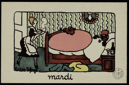 Mardi, Lucien Laforge : tirailleur couché dans un lit sous une couverture rose dans une chambre à papier peint rayé vert, servante vêtue d'une robe noire et d'un tablier blanc apportant une tasse sur un plateau, vêtements épars au sol, bouteille de vin et verre sur la table de nuit.