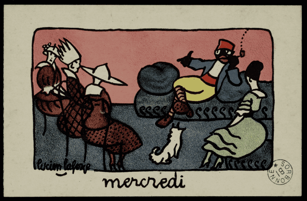 Mercredi, Lucien Laforge : tirailleur assis sur un canapé vert, entouré de femmes coiffées de chapeaux sur fond rose, petit chien blanc au premier plan.