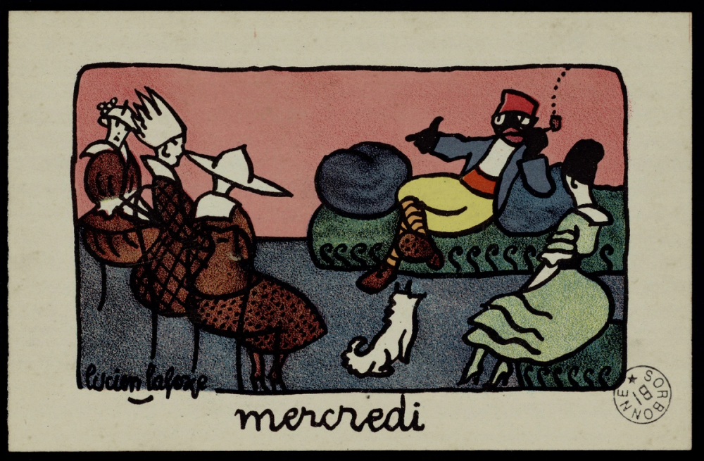 Mercredi, Lucien Laforge : tirailleur assis sur un canapé vert, entouré de femmes coiffées de chapeaux sur fond rose, petit chien blanc au premier plan.