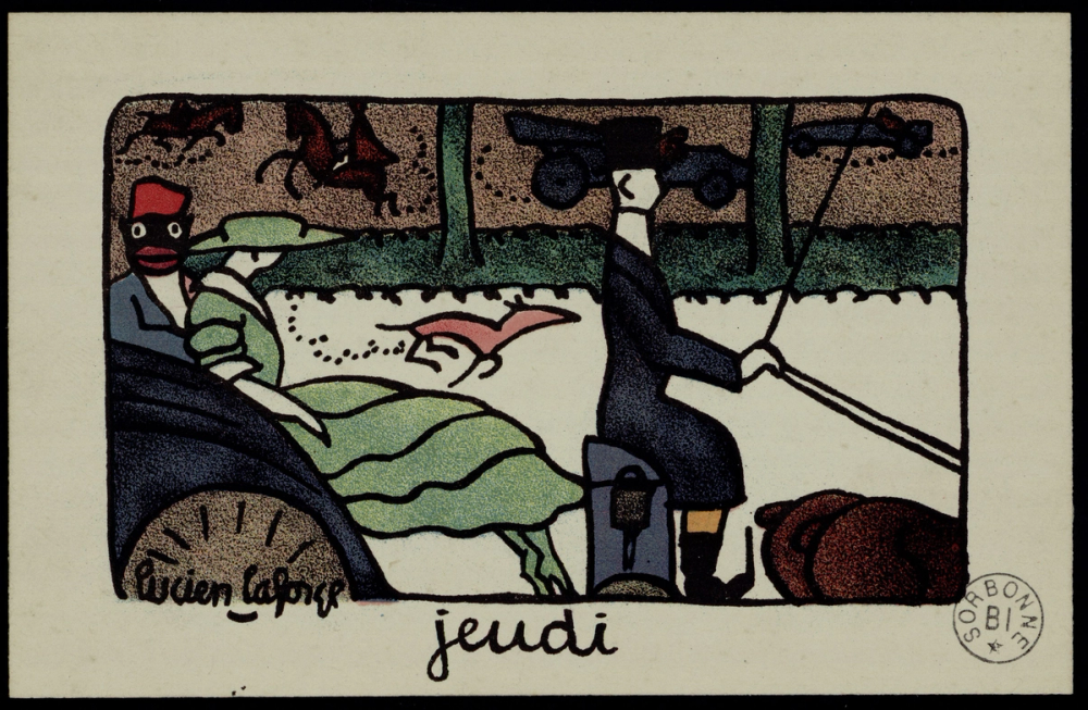 Jeudi, Lucien Laforge : tirailleur et femme drapée de vert assis dans une calèche conduite par un cocher vêtu de noir, silhouettes d'automobiles et chevaux en arrière-plan.