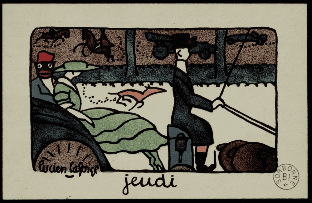 Jeudi, Lucien Laforge : tirailleur et femme drapée de vert assis dans une calèche conduite par un cocher vêtu de noir, silhouettes d'automobiles et chevaux en arrière-plan.