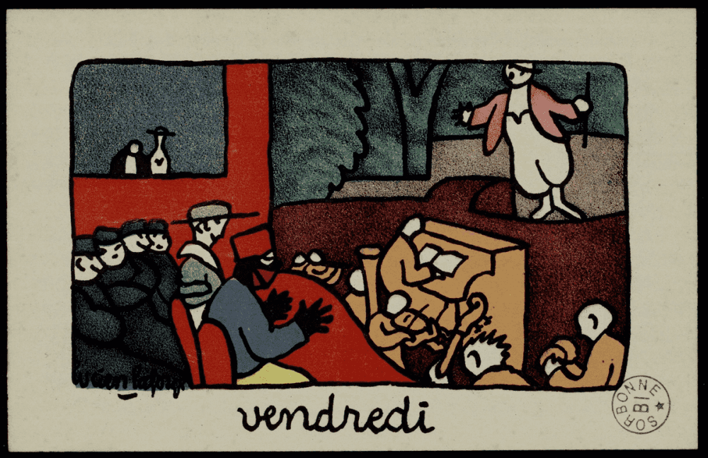 Vendredi, Lucien Laforge : scène de café-concert en aplats rouge et brun, groupe de spectateurs dont le tirailleur au premier plan, artiste en blanc sur scène à droite, pianiste et orchestre dans la fosse.