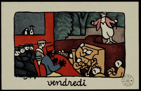 Vendredi, Lucien Laforge : scène de café-concert en aplats rouge et brun, groupe de spectateurs dont le tirailleur au premier plan, artiste en blanc sur scène à droite, pianiste et orchestre dans la fosse.