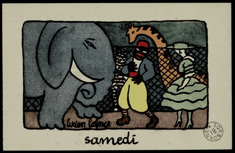 Samedi, Lucien Laforge : tirailleur au jardin zoologique devant un éléphant gris monumental et une girafe, accompagné d'une femme en robe verte à volants.
