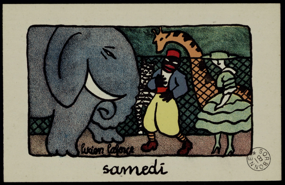 Samedi, Lucien Laforge : tirailleur au jardin zoologique devant un éléphant gris monumental et une girafe, accompagné d'une femme en robe verte à volants.