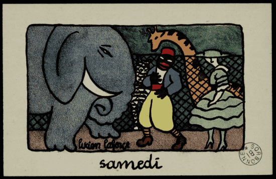 Samedi, Lucien Laforge : tirailleur au jardin zoologique devant un éléphant gris monumental et une girafe, accompagné d'une femme en robe verte à volants.
