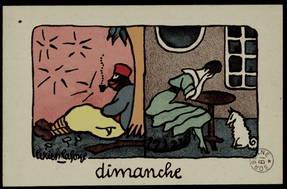 Dimanche, Lucien Laforge : composition en diptyque — à gauche, un tirailleur fumant assis au pied d'un arbre sur fond rose à étoiles ; à droite, une femme en robe verte dans un intérieur, assise à une petite table ronde, le visage dans les mains, petit chien blanc au sol.