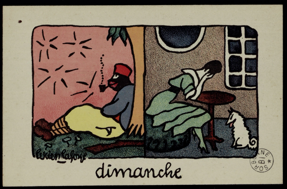 Dimanche, Lucien Laforge : composition en diptyque — à gauche, un tirailleur fumant assis au pied d'un arbre sur fond rose à étoiles ; à droite, une femme en robe verte dans un intérieur, assise à une petite table ronde, le visage dans les mains, petit chien blanc au sol.