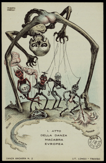 Carte postale lithographiée en couleurs d'Alberto Martini : créature squelettique géante manipulant comme des marionnettes quatre personnages squelettiques en uniformes militaires, foulant les territoires de la Belgique et de la France, avec un crâne au sol au premier plan. Un des personnages a le visage de l'empereur d'Autriche François-Joseph Ier, un autre celui de l'empereur d'Allemagne Guillaume II.