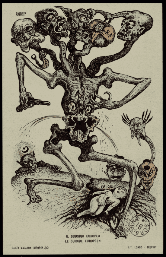 Carte postale en couleurs d'Alberto Martini : monstre polycéphale aux crânes étiquetés des noms des puissances européennes se dévorant lui-même, ses membres recouvrant la Belgique prostrée au sol, tandis qu'une tête étiquetée « America » observe la scène depuis la droite.