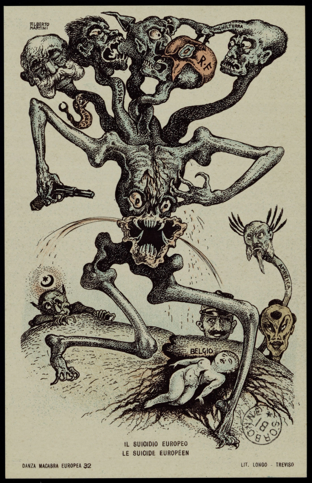 Carte postale en couleurs d'Alberto Martini : monstre polycéphale aux crânes étiquetés des noms des puissances européennes se dévorant lui-même, ses membres recouvrant la Belgique prostrée au sol, tandis qu'une tête étiquetée « America » observe la scène depuis la droite.