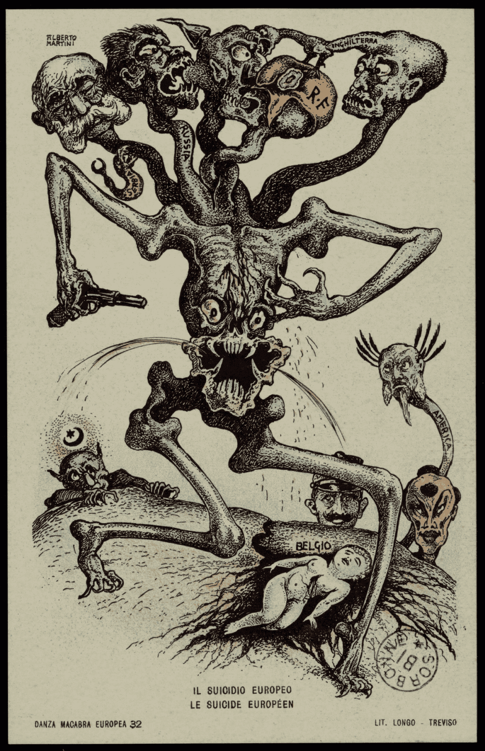 Carte postale en couleurs d'Alberto Martini : monstre polycéphale aux crânes étiquetés des noms des puissances européennes se dévorant lui-même, ses membres recouvrant la Belgique prostrée au sol, tandis qu'une tête étiquetée « America » observe la scène depuis la droite.