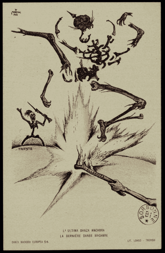 Dernière carte de la série d'Alberto Martini : squelette éclaté en fragments projetés vers le haut par une explosion centrée sur un bâton portant l'inscription Alleanza, petite figure squelettique brandissant un fusil sur la colline de Trieste à gauche.