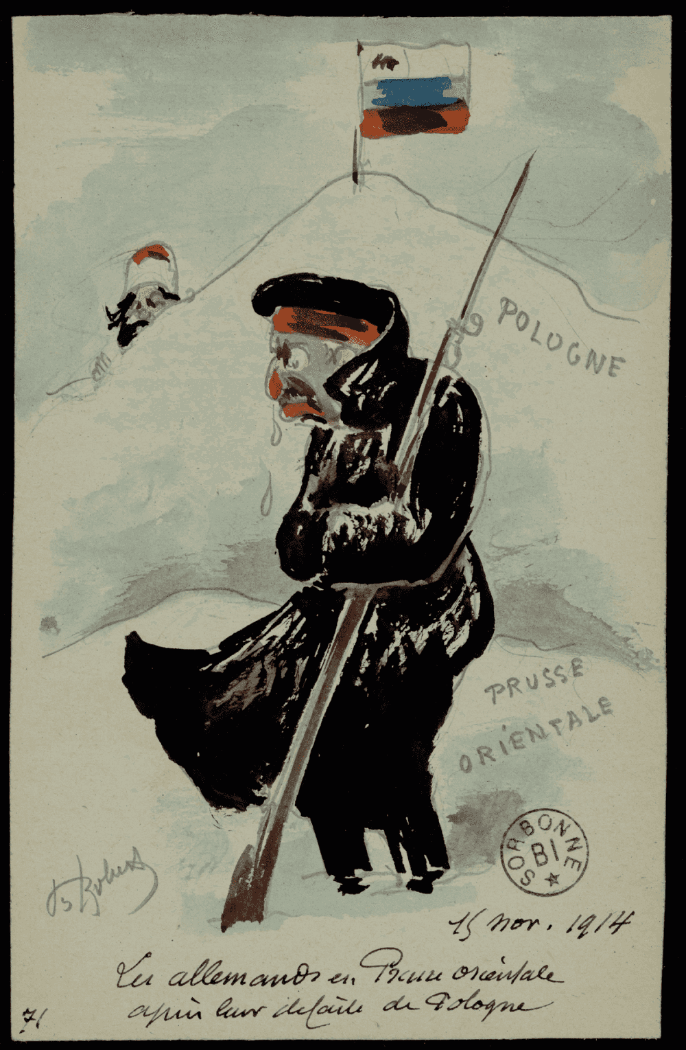 Carte aquarellée satirique de Robert : soldat allemand transi pleurant dans un paysage enneigé de Prusse orientale, drapeau russe planté sur une colline en arrière-plan, légendée « Les Allemands en Prusse orientale après leur défaite de Pologne, 15 nov. 1914 ».