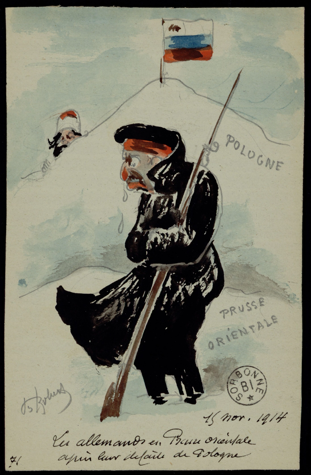 Carte aquarellée satirique de Robert : soldat allemand transi pleurant dans un paysage enneigé de Prusse orientale, drapeau russe planté sur une colline en arrière-plan, légendée « Les Allemands en Prusse orientale après leur défaite de Pologne, 15 nov. 1914 ».