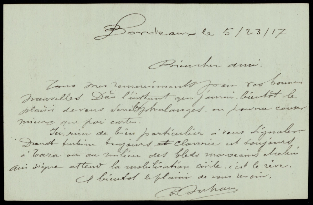 Dos manuscrit d'une carte postale de R. Duhan datée de Bordeaux le 5/23/17 : texte à l'encre noire en écriture cursive sur fond blanc, signé « R. Duhan ».