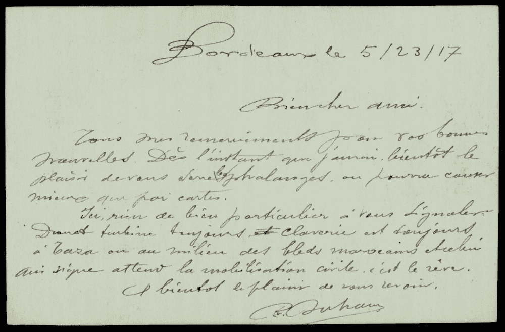 Dos manuscrit d'une carte postale de R. Duhan datée de Bordeaux le 5/23/17 : texte à l'encre noire en écriture cursive sur fond blanc, signé « R. Duhan ».