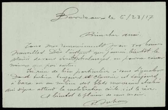 Dos manuscrit d'une carte postale de R. Duhan datée de Bordeaux le 5/23/17 : texte à l'encre noire en écriture cursive sur fond blanc, signé « R. Duhan ».
