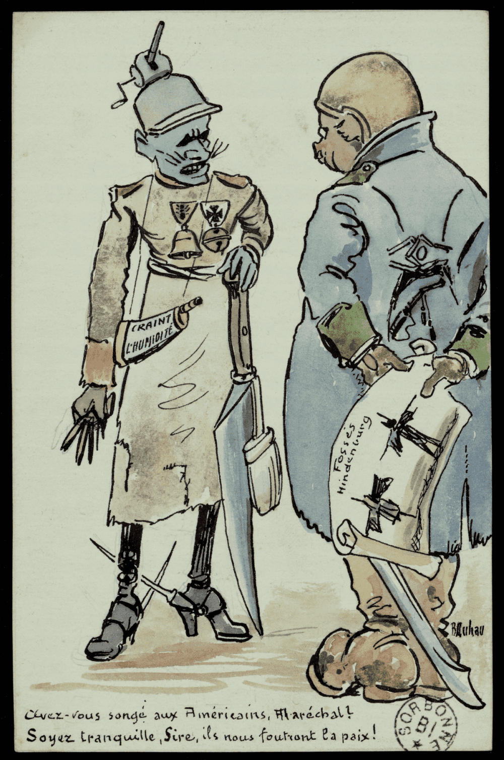 Carte aquarellée de R. Duhan : caricature satirique de deux soldats, l'un allemand et squelettique à la carnation verdâtre tenant une pancarte « Craint l'humidité », l'autre de dos portant un plan des « Fossés Hindenburg », avec légende manuscrite en bas.