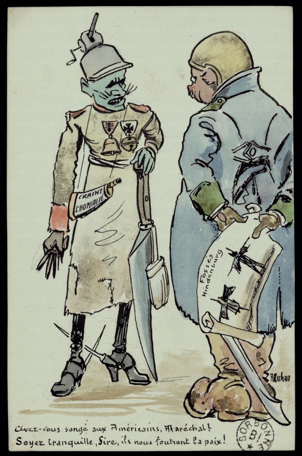 Carte aquarellée de R. Duhan : caricature satirique de deux soldats, l'un allemand et squelettique à la carnation verdâtre tenant une pancarte « Craint l'humidité », l'autre de dos portant un plan des « Fossés Hindenburg », avec légende manuscrite en bas.