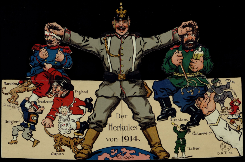 Carte à système dépliant ouverte (Der Herkules von 1914) : soldat allemand en uniforme feldgrau debout sur un globe terrestre, les bras écartés, tenant à gauche un soldat français en uniforme bleu et rouge et à droite un soldat russe en uniforme vert et bleu. De petits personnages représentant les nations alliées s'accrochent aux deux soldats.