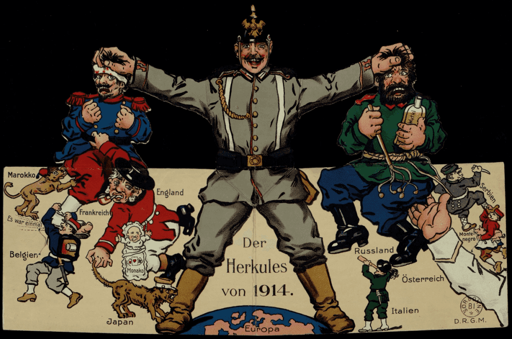 Carte à système dépliant ouverte (Der Herkules von 1914) : soldat allemand en uniforme feldgrau debout sur un globe terrestre, les bras écartés, tenant à gauche un soldat français en uniforme bleu et rouge et à droite un soldat russe en uniforme vert et bleu. De petits personnages représentant les nations alliées s'accrochent aux deux soldats.