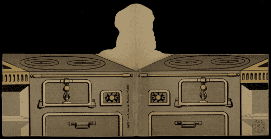 Carte Utilisez les Restes fermée, vue du dos : représentation d'une cuisinière à bois avec plaque de cuisson et fours, silhouette découpée de la tête du cuisinier dépassant en pop-up au centre, pliure centrale visible.