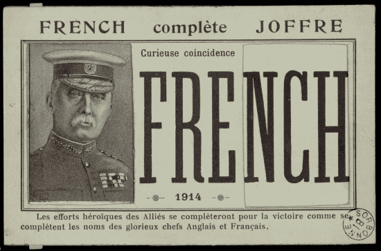 Carte à système coulissant montrant respectivement le portrait photographique du général French (tirette à droite) et du maréchal Joffre (tirette à gauche), avec le nom du général affiché en grandes capitales au centre et légende en bas.