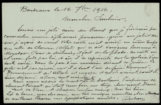 Dos manuscrit d'une carte postale de R. Duhan datée de Bordeaux le 16 septembre 1916 : longue lettre à l'encre en écriture cursive adressée à « Mon cher Saulnier », signée « Duhan ».