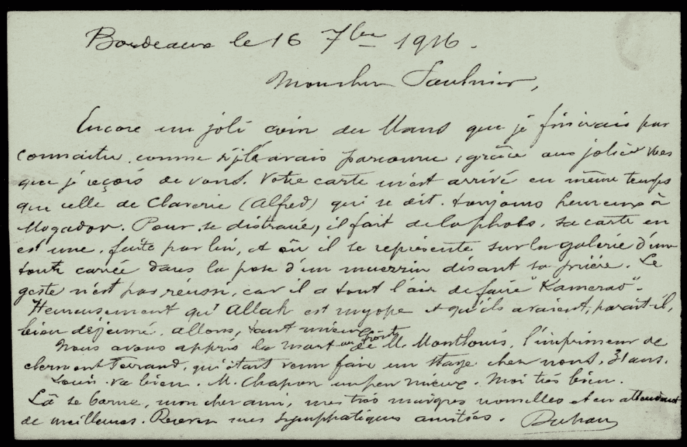 Dos manuscrit d'une carte postale de R. Duhan datée de Bordeaux le 16 septembre 1916 : longue lettre à l'encre en écriture cursive adressée à « Mon cher Saulnier », signée « Duhan ».