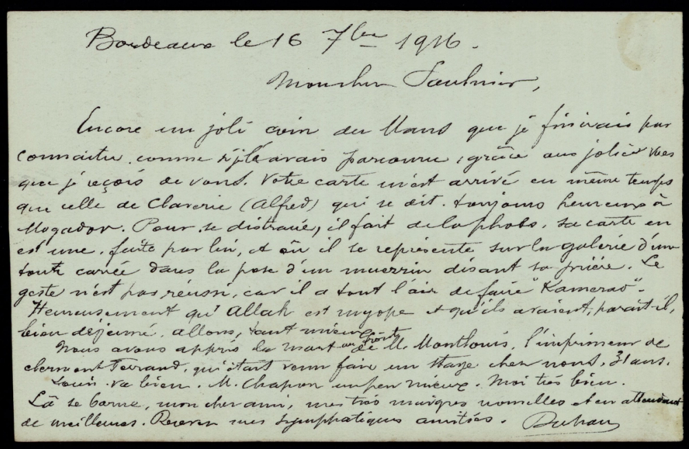 Dos manuscrit d'une carte postale de R. Duhan datée de Bordeaux le 16 septembre 1916 : longue lettre à l'encre en écriture cursive adressée à « Mon cher Saulnier », signée « Duhan ».