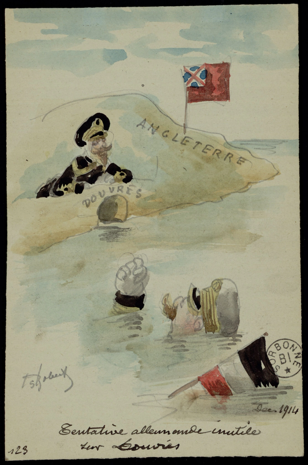 Carte aquarellée satirique de Robert : officier britannique campé sur la côte d'Angleterre observant un général allemand en train de se noyer dans la Manche, drapeau tricolore de l'Empire allemand submergé au premier plan, légendée « Tentative allemande inutile sur Douvres, Déc. 1914 ».